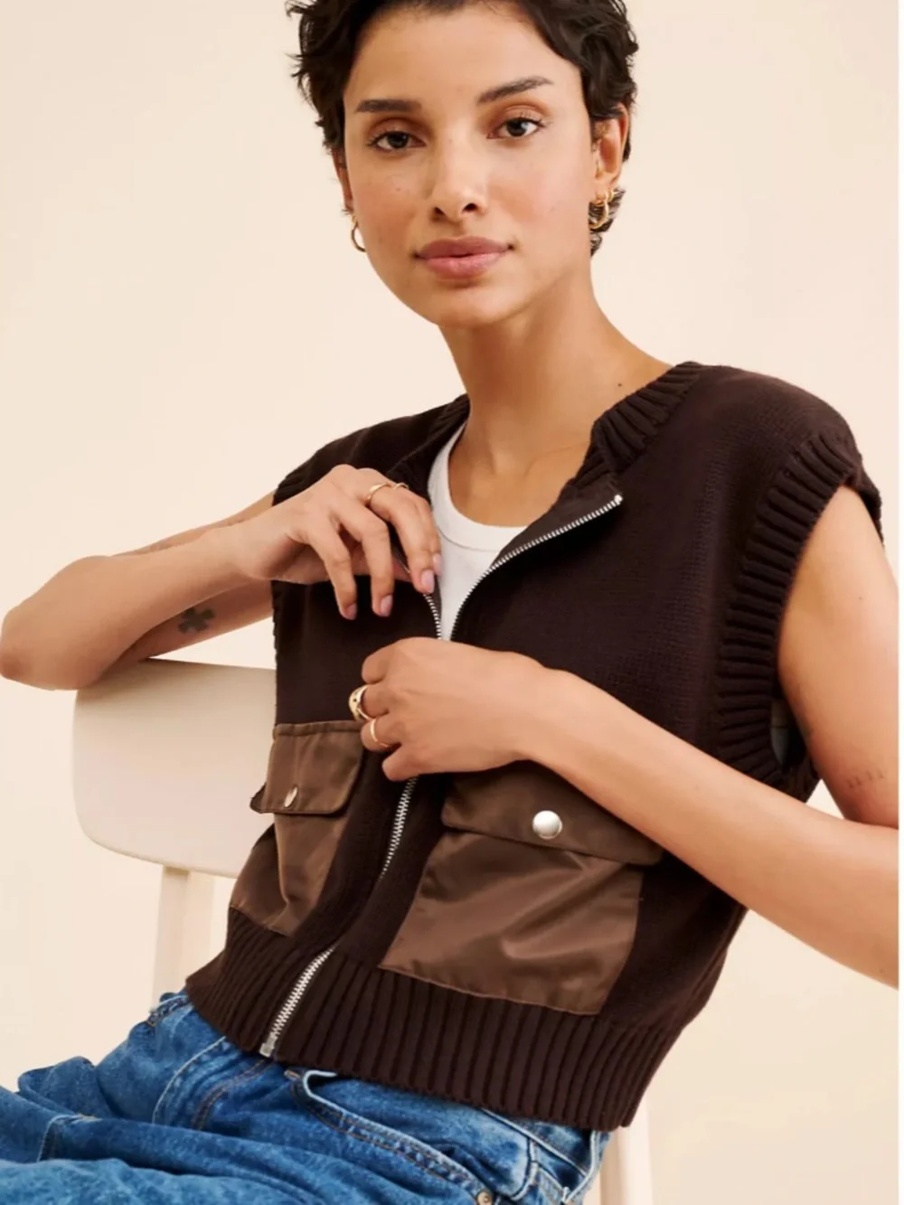 Anthropologie Dot & Lu Chocolate Brown Zip-Front Utility Vest - Picture 3 of 7